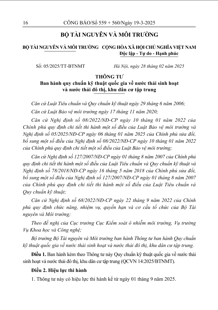 Circular Promulgating National Technical Regulations on Domestic Wastewater and Wastewater in Urban and Concentrated Residential Areas