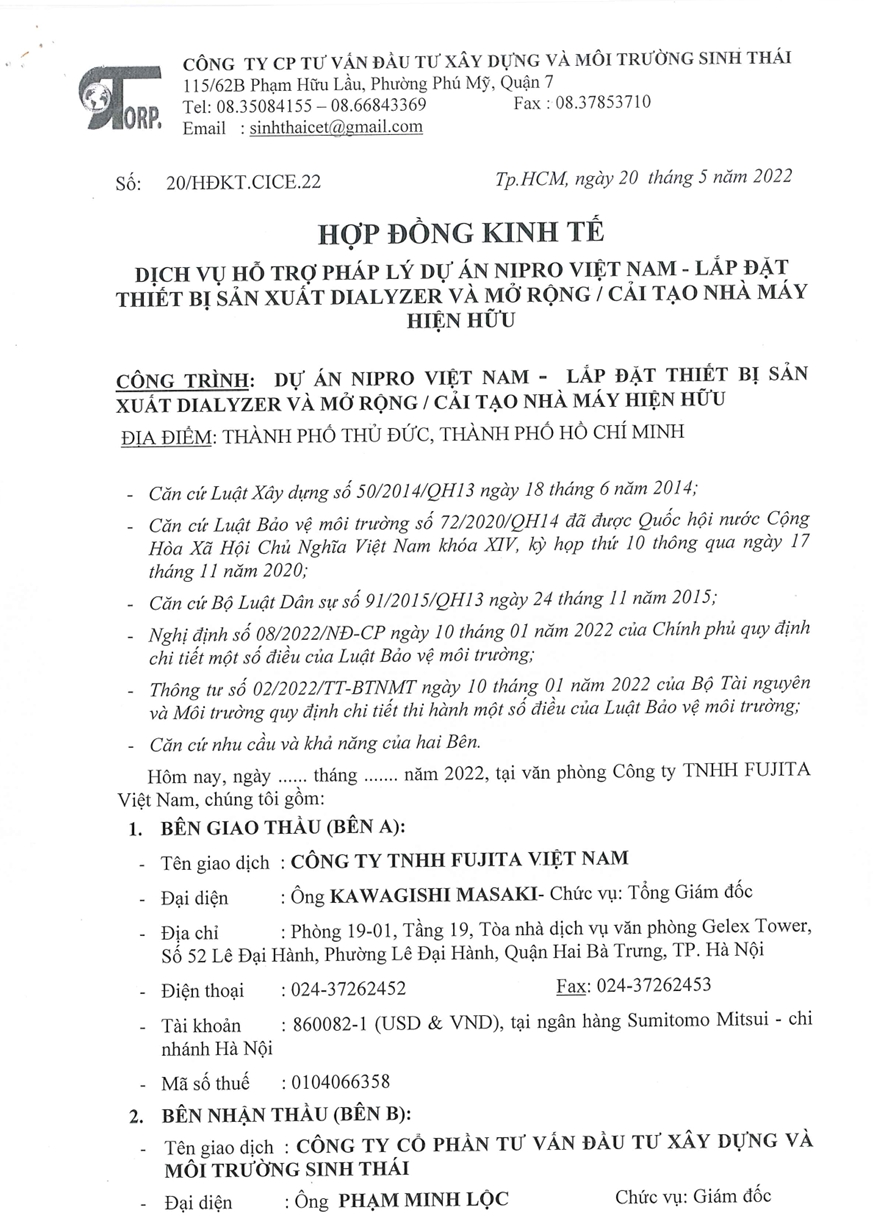 LEGAL SUPPORT SERVICES OF NIPRO VIETNAM - INSTALLATION OF DIALYZER MANUFACTURING EQUIPMENT AND EXPANSION/RENOVATION OF EXISTING FACTORY PROJECT