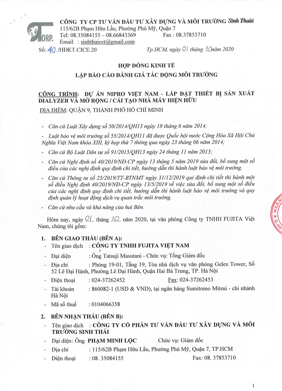 NIPRO VIETNAM - INSTALLATION OF DIALYZER MANUFACTURING EQUIPMENT AND EXPANSION / RENOVATION OF EXISTING FACTORY PROJECT