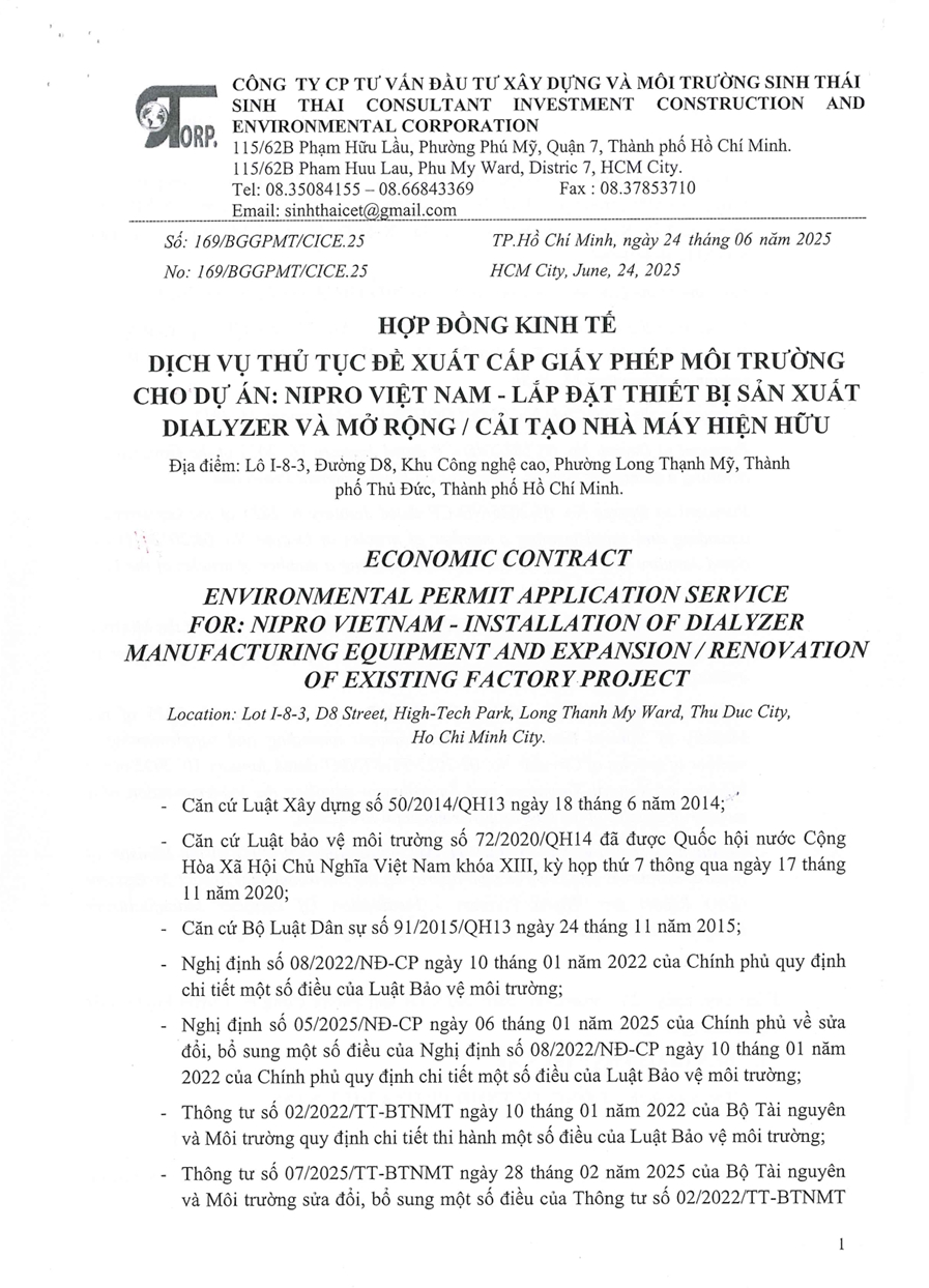 NIPRO VIETNAM - INSTALLATION OF DIALYZER MANUFACTURING EQUIPMENT AND EXPANSION / RENOVATION OF EXISTING FACTORY PROJECT